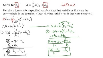 Solve Literal Equation (Formula) - Solve A=(1/2)h(b1+b2) for b2