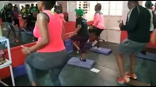Geofit Step aerobics. Knee straddle around the world.