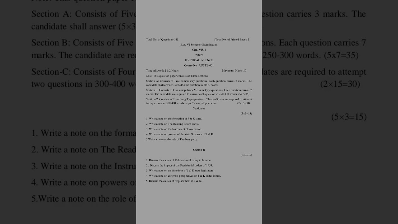 BA Sem. 6th Political Science Question Paper CBCS Pattern Jammu University