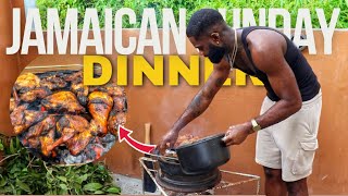 COOKING SUNDAY DINNER FOR MY FAMILY IN JAMAICA ON MY VACATION| Rice & Peas Curry Goat | Jerk Chicken