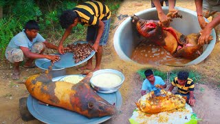 Primitive Technology: Pig Deep Hole Trap and Cooking Big Pork Eating Delicious | Hunter Cooking