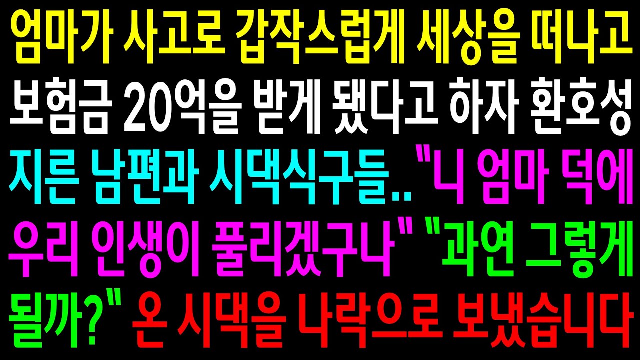 (반전사연)엄마가 사고로 갑작스럽게 세상을 떠나고 보험금 20억을 받게됐다고 하자 환호성 지른 시댁식구들..온 시댁을 나락으로 보냈습니다[신청사연][사이다썰][사연라디오]
