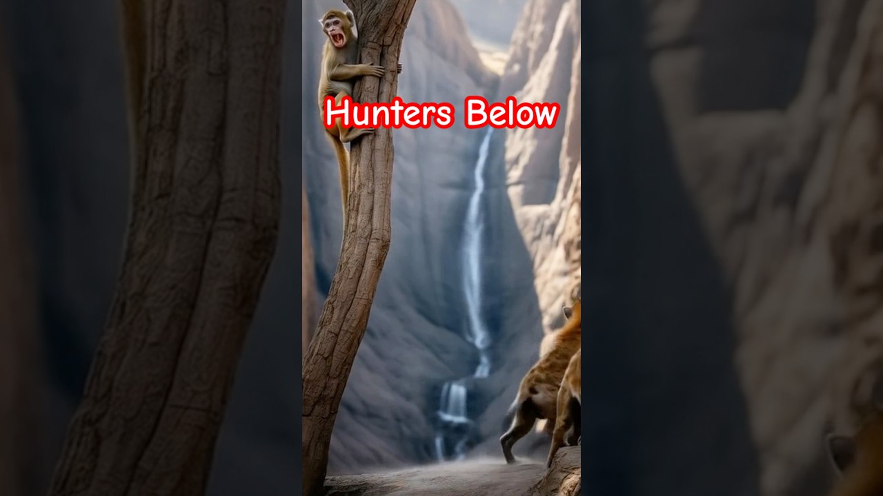A terrified monkey clings to a tree… while hungry hyenas wait below 