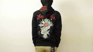 Ed Hardy（エドハーディー） Red Cross 刺繍 プリント ジップパーカー レッド クロス フードパーカー メンズ バックプリント ハート スカル ラブキル EDHD004