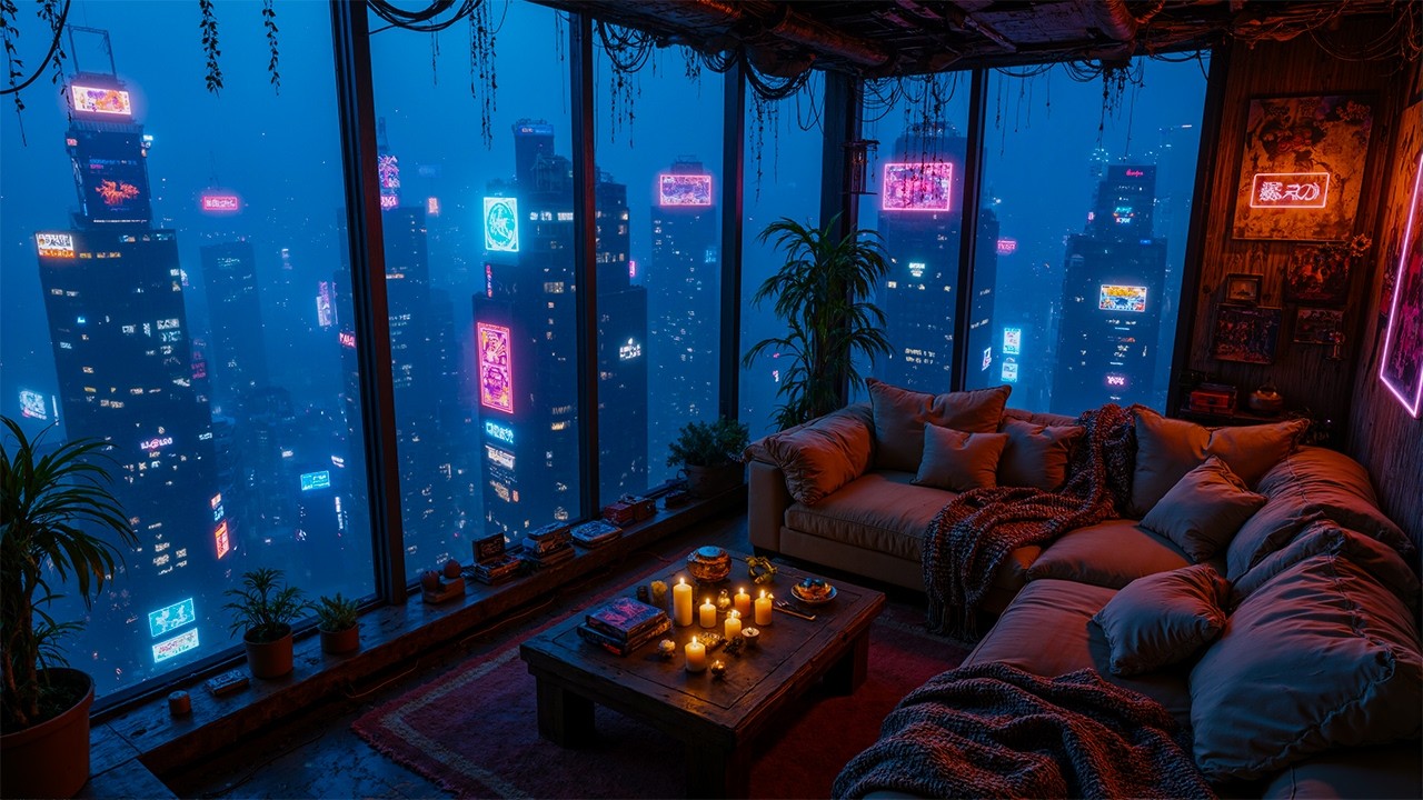 Cozy Cyberpunk Apartment 🌧️ | Rainy Neon City View, Warm Lights & Relaxing Sci-Fi Ambience | 4K