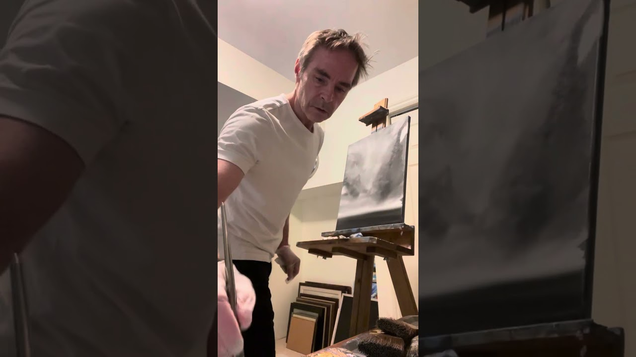 “Elusive“.  Uncut, cloudscape acrylic painting demo, monochromatic, impressionistic, large brush.