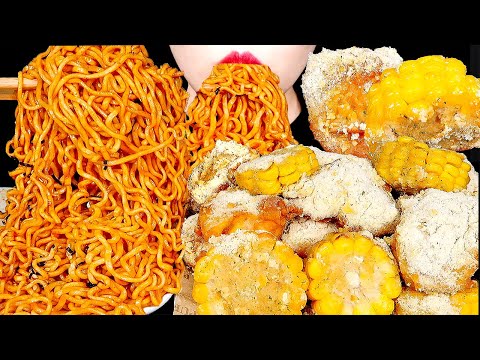 ASMR SPICY FIRE NOODLES, CORN FRIED CHICKEN 불닭볶음면 푸라닭 <strong>콘소메이징</strong> 치킨 먹방 MUKBANG EATING SOUNDS