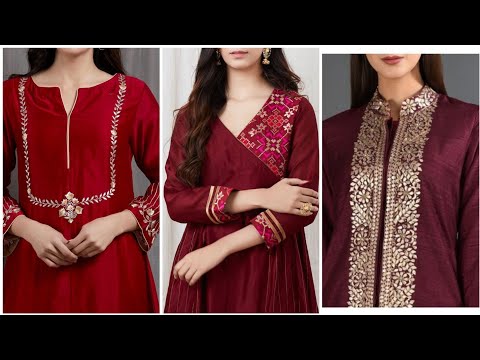 Buy Magenta Hand Embroidered Cotton Silk Kurta with Red Hand Block Printed  Skirt and Rust Chanderi Dupatt… | Plain kurti designs, Salwar neck designs, Kurta  designs