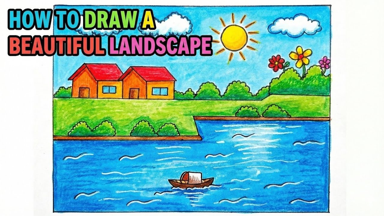 How to Draw a Village Scenary for Kids | Simple Nature Drawing