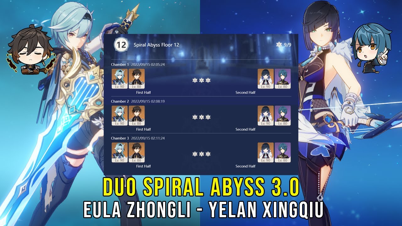 C0 Eula Zhongli and C0 Yelan C6 Xingqiu  - Genshin Impact Abyss 3.0 - Floor 12 9 Stars