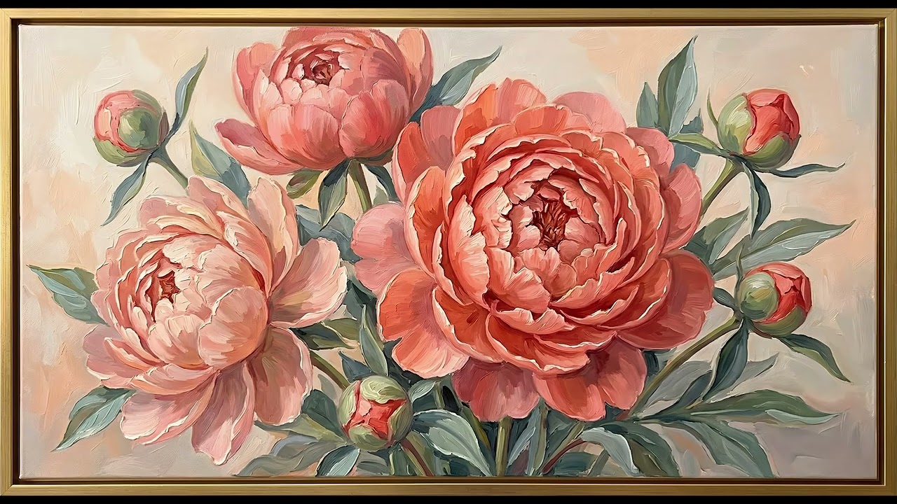 Peachy Coral Peony Art | Modern Framed Art Screensaver for TV | 2HR Beautiful Flowers 4K