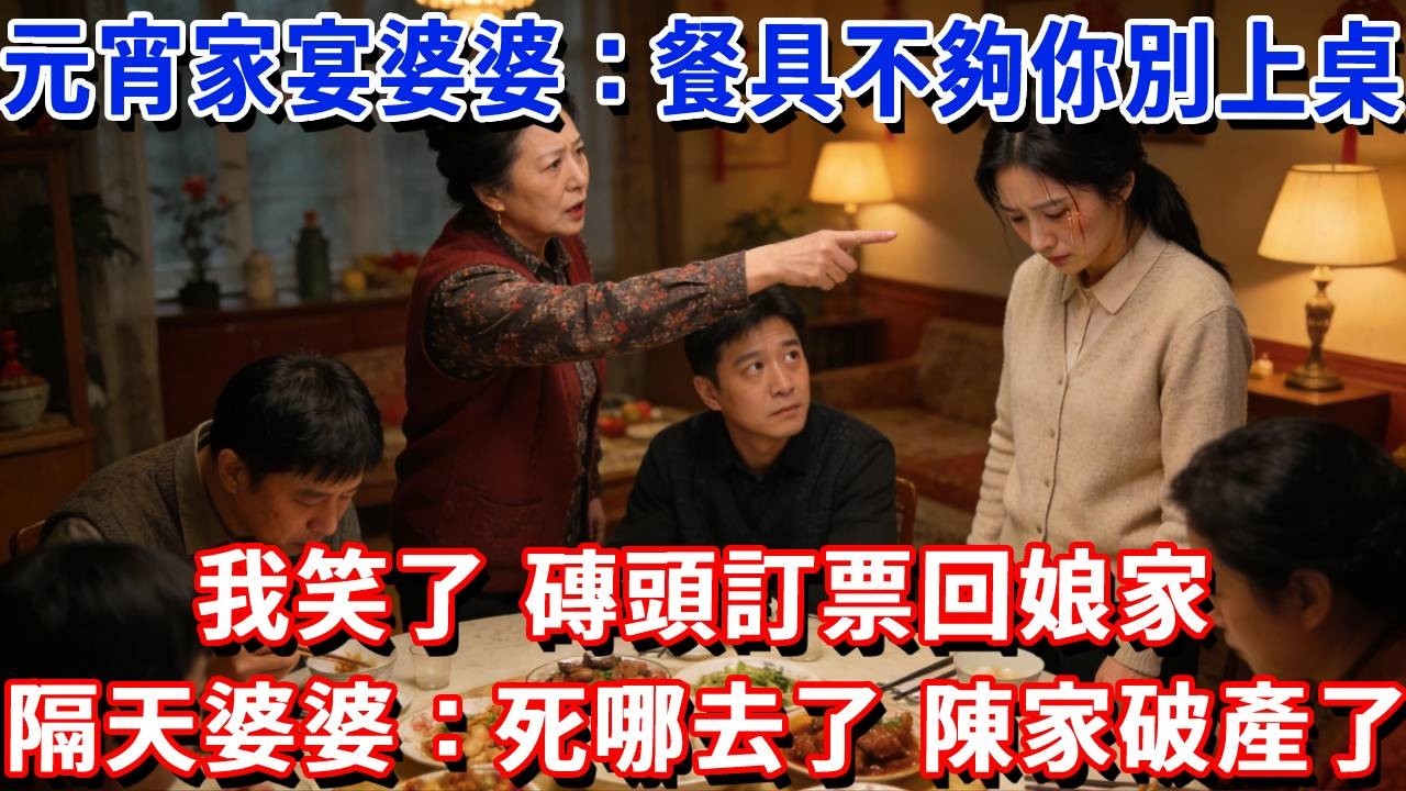 元宵家宴上婆婆說：餐具不夠你別上桌了！我笑了，磚頭訂票回娘家，隔天婆婆打我99通電話：死哪去了，陳家破產了！#小魚故事會#為人處世#人生感悟#中老年生活