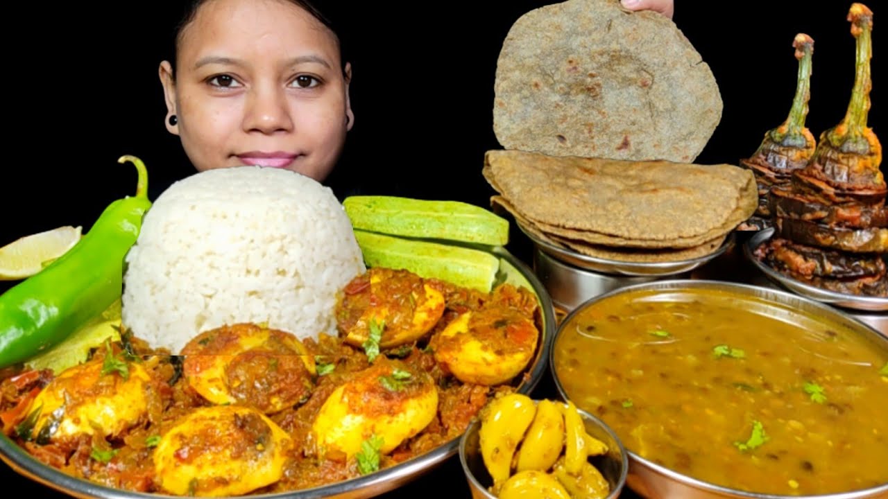 Eating Egg Tawa Masala with Rice, Achari Brinjal Fry, Bajra Roti & Dal | Eating Show | Asmr Mukbang