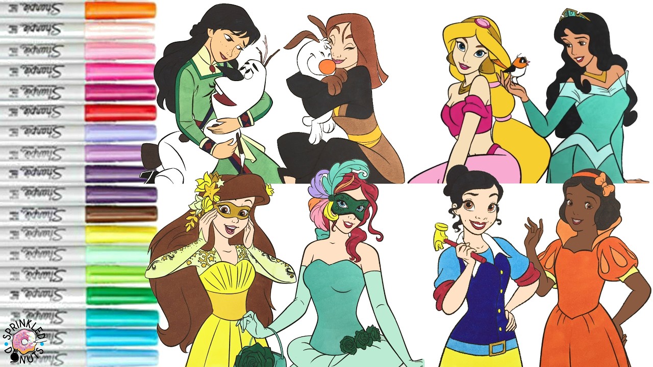 Disney Princess Coloring Book Compilation Color Swap Ariel Belle Tiana Aurora Anna Mulan Jasmine