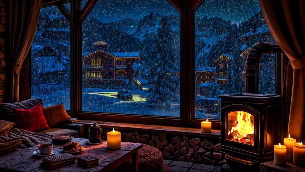 Warm Cabin Fireplace with Snow Falling Outside 🌨️ Perfect for Sleep & Relaxation