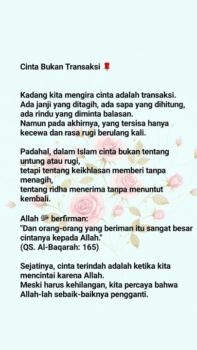 Cinta Bukan  Transaksi Tentang Untung atau Rugi,Tetapi Tentang keikhlasan Memberi Tanpa Menagih..
