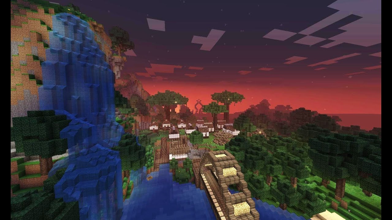 Minecraft, Village, elf, elven, city, elves, big, tree, night, fantasy, vid...