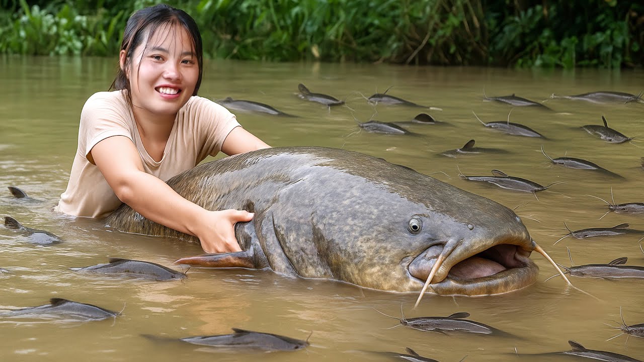 River Fishing: Caught Giant Catfish & Loaches by Hand with Amazing Fish Trap to Sell at the Market