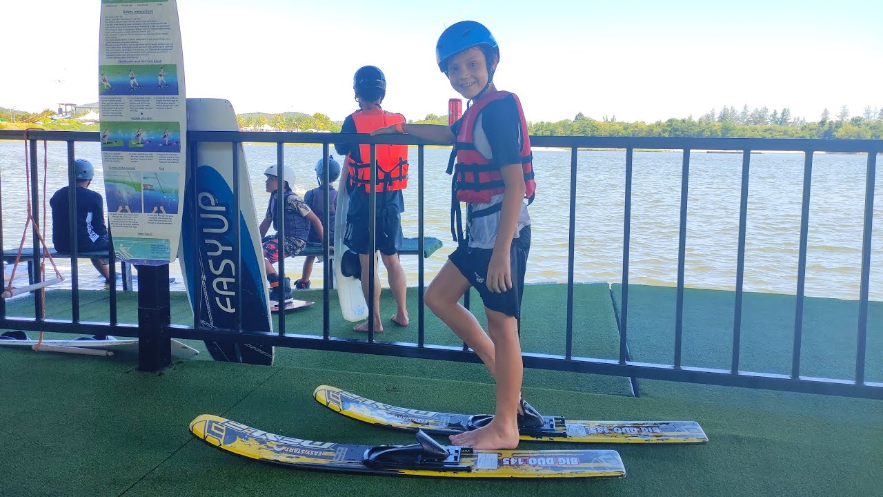 Let's learn to Water Ski 9 years old Benjamin Black Mountain Wake Park, Double Skis Hua Hin Thailand