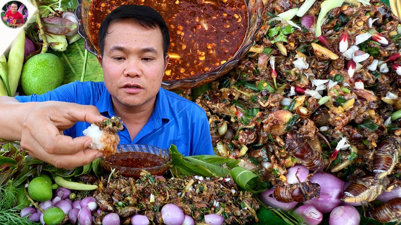 ตำจักจั่นใส่หมากม่วงน้อยหมายปี แกล้มผักกระโดนพันเป็นตัวพริกหน่วยลูกโดดแซ่บๆ จ้วดๆ