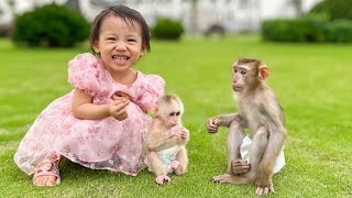 Diem hugs Monkey Kaka and Monkey Mit for a walk in the beautiful park