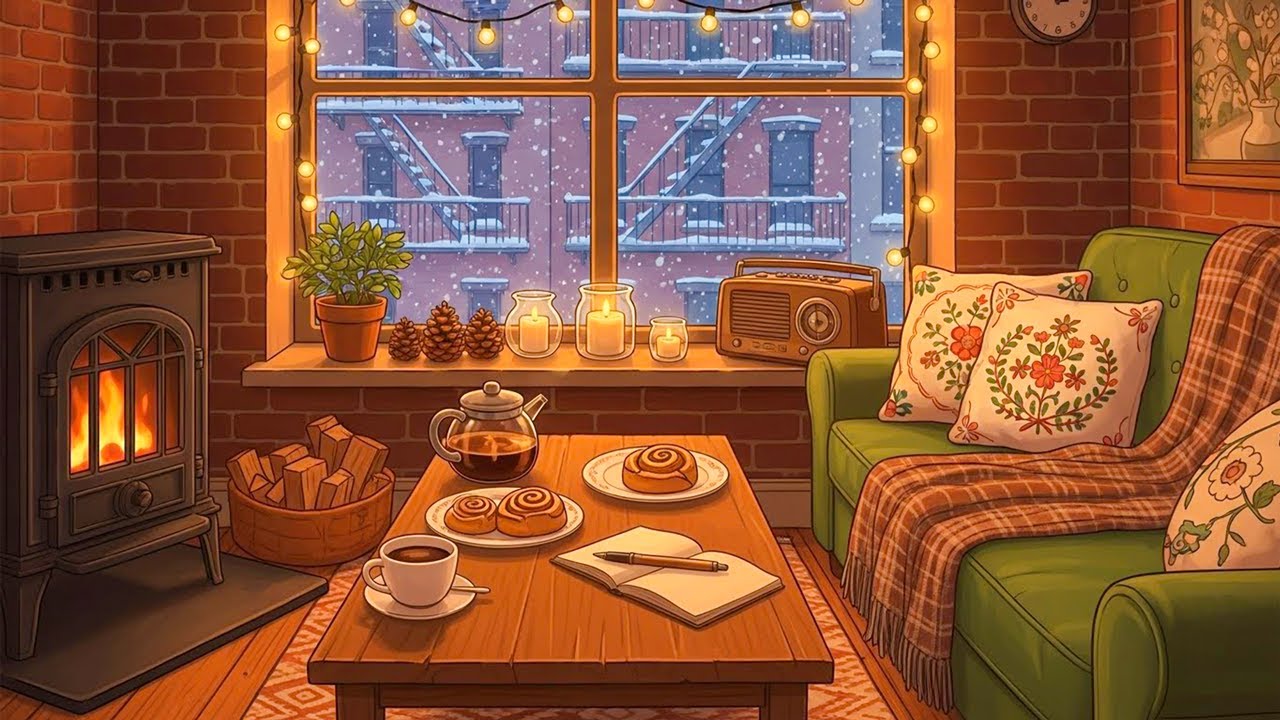 It's a cozy snowy night in a 1950s New York apartment with oldies playing in another room