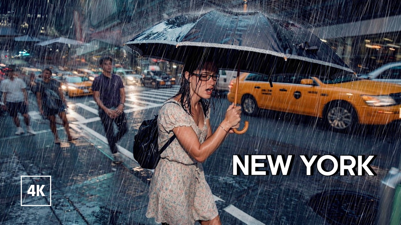 New York, Amerika Serikat | Manhattan | Tur Jalan Saat Hujan 4K