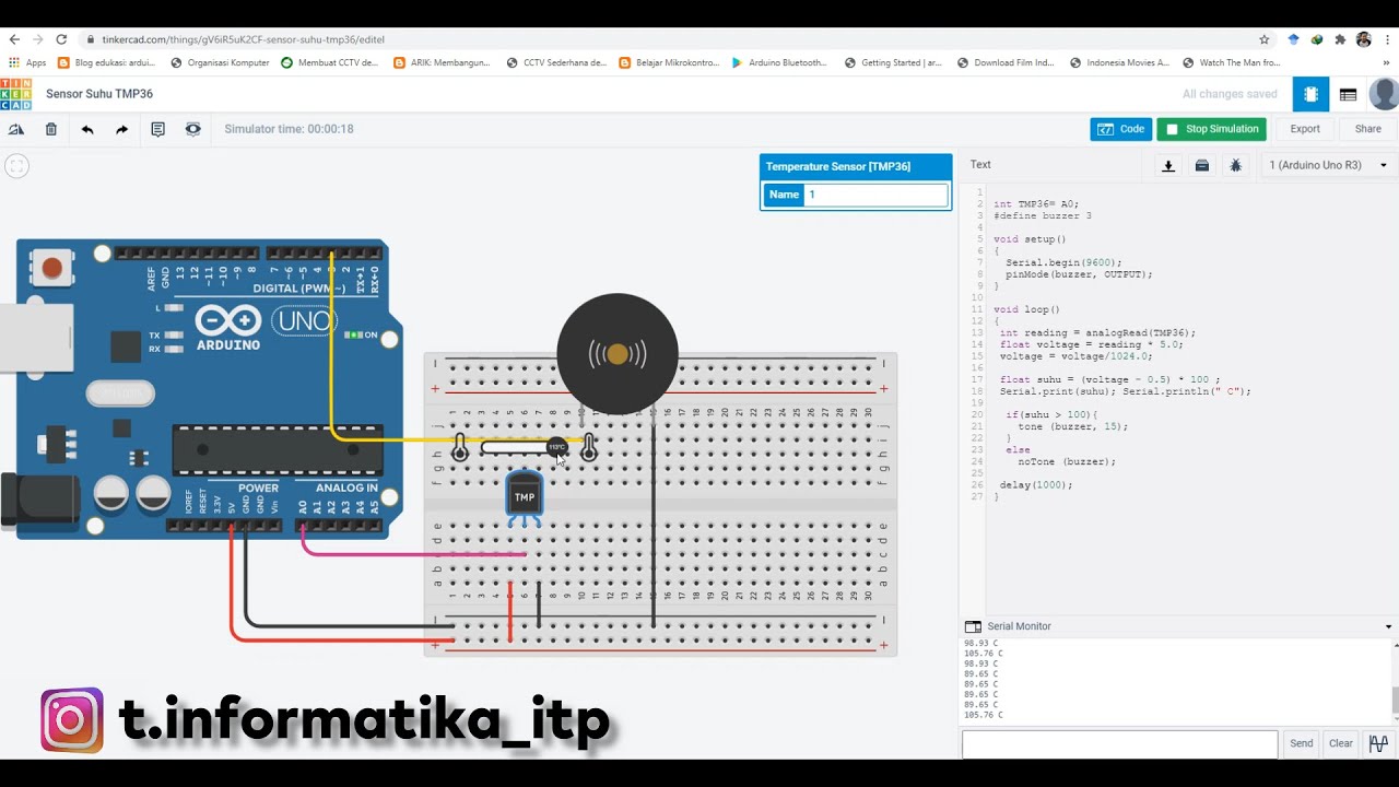 Simulasi Sensor Suhu TMP36 dan alarm kebakaran dengan Tinkercad. - YouTube