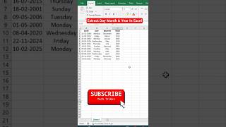 Extract Day, Month & Year In Excel#excel #exceltips #exceltricks #shorts