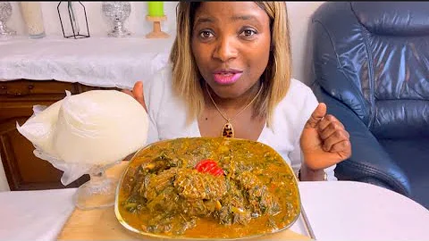Asmr Mukbang Cow skin +Assorted +Smoked mackerel ogbono soup mixed with vegetable and Fufu