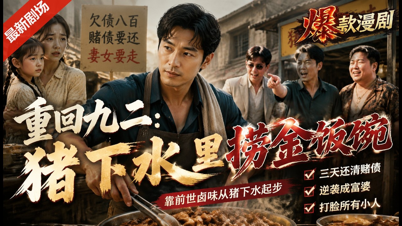 🔥最新漫剧《重回九二：猪下水里捞金饭碗》 重回九二欠八百赌债妻女要走，靠前世卤味从猪下水起步，三天还清赌债，逆袭成富婆打脸所有小人。#ai漫劇 #最新剧场 zuixin #逆袭 #打脸