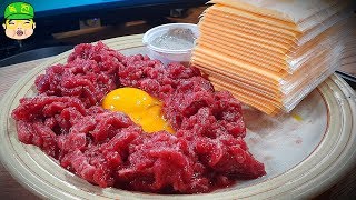 Korean style raw beef wrapped in cheese. [ENG Sub] (Korean Food Drinking Mukbang Review)