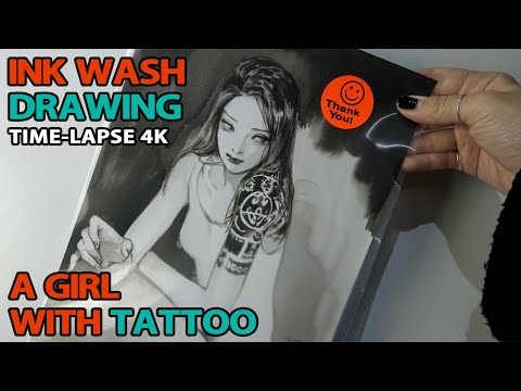 Ink-wash Drawing🕯Girl with Tattoo Time-lapse 4K