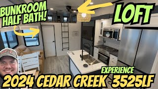 2024 Cedar Creek Experience 3525LF | Massive Loft Bunk Model with a Half Bath and King Bed!