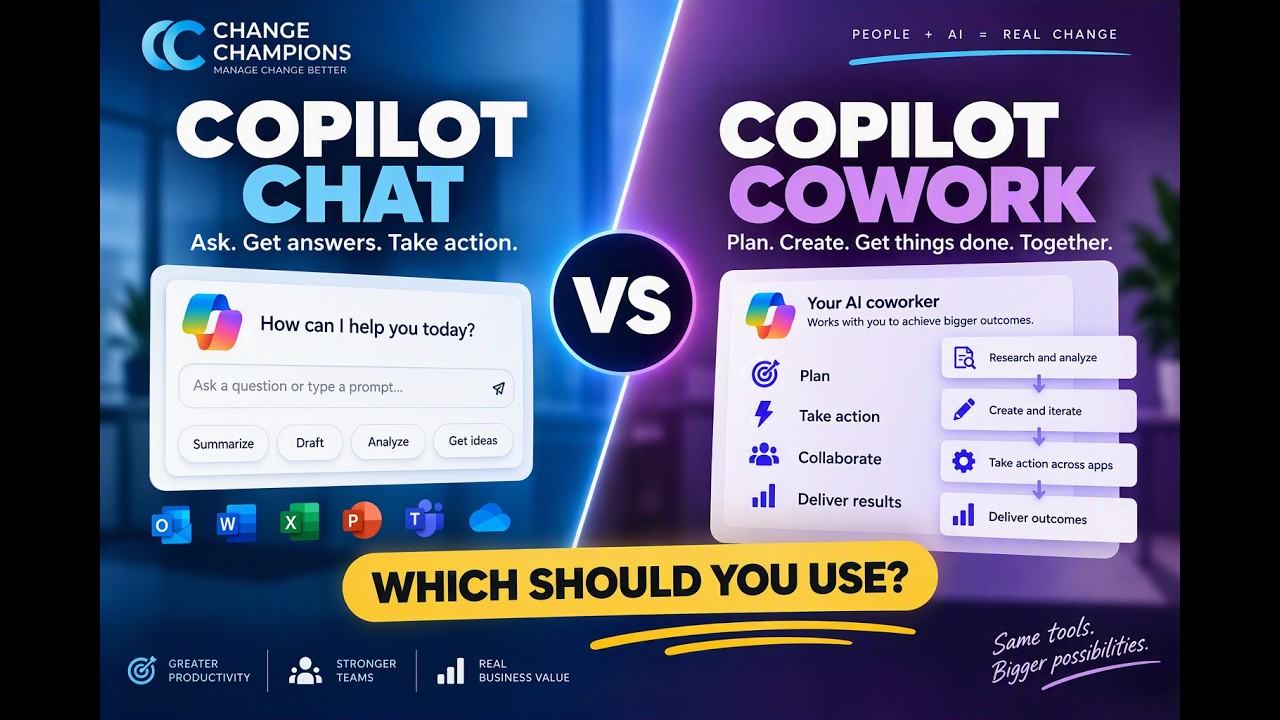 Still from the Change Champions webinar comparing Copilot Chat and Copilot Cowork