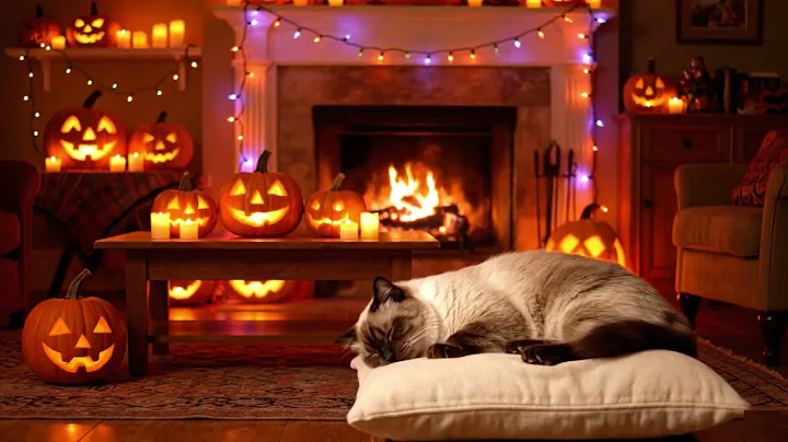 Watch the video about 🎃 Halloween Cat Purring for Relaxation | Siamese Cat Sleeping by the Fireplace (Calming 4K Ambience)