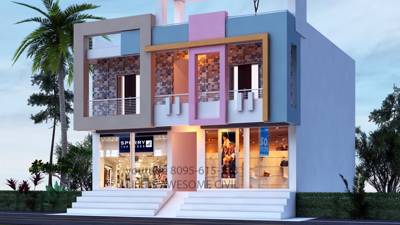 35 x 45 latest 4 shop with 2 single room house plan with 3d front