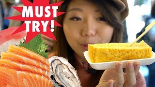 FRESHEST Japanese Street Food Tour - FLUFFY Omelette & AMAZING Sashimi at Tsukiji Fish Market, Tokyo