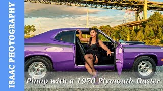 Pinup photoshoot with a 1970 Plymouth Duster