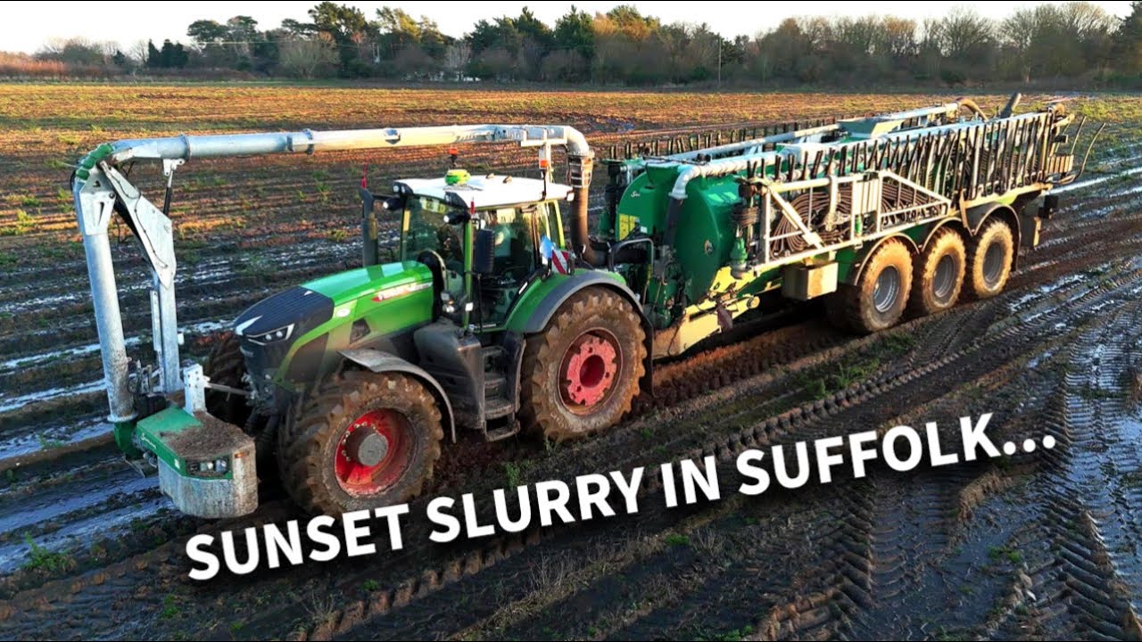 4Kᵁᴴᴰ Spreading slurry in Hollesley at sunset. Fendt 942 Vario & Samson PG II tanker + 36m boom2024