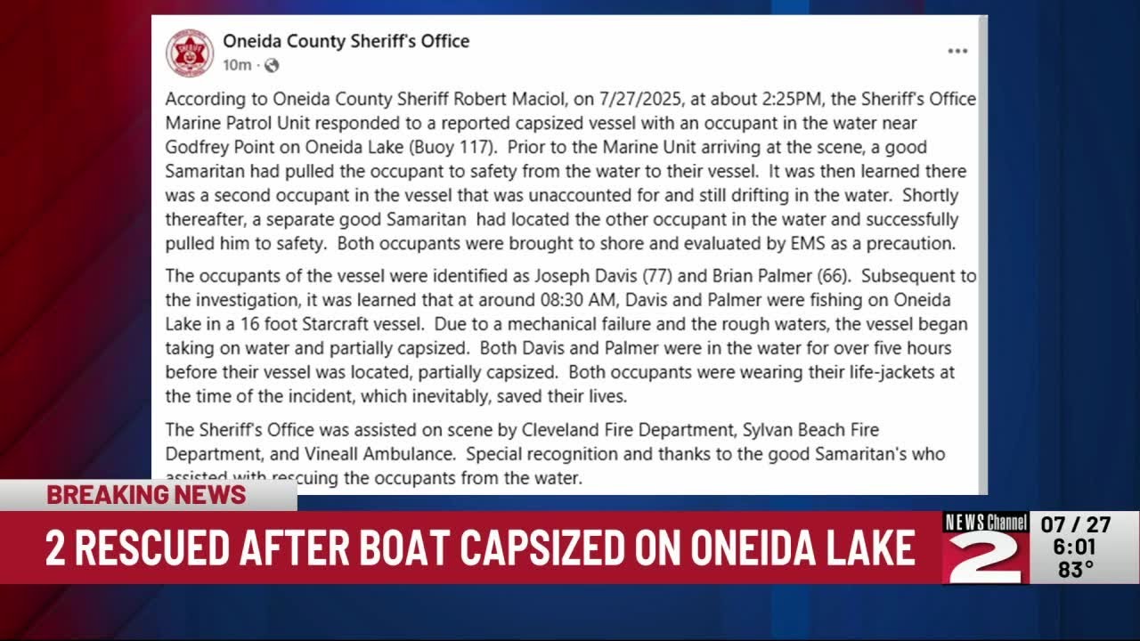 2 People Rescued After Boat Capsizes on Oneida Lake - YouTube