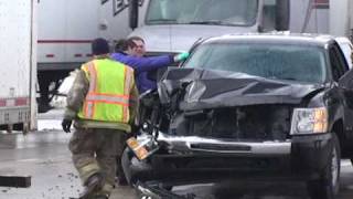 Car Pinned Between A Wall And Semi, Multi Vehicle Accident