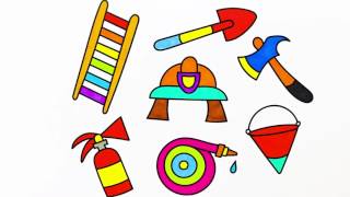 Set  Ladder, Axe, Shovel, Fire Extinguisher and Helmet - How to Draw Kit of FirefighterColoring