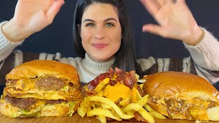 BIG JUICY BURGERS & CHEESE BACON FRIES | MUKBANG | ASMR | EATING SOUNDS