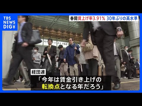 大手企業　春闘での賃上げ率は3.91％　1993年以来30年ぶりの高水準　経団連「今年は賃金引上げの転換点となる年だろう」｜TBS NEWS DIG