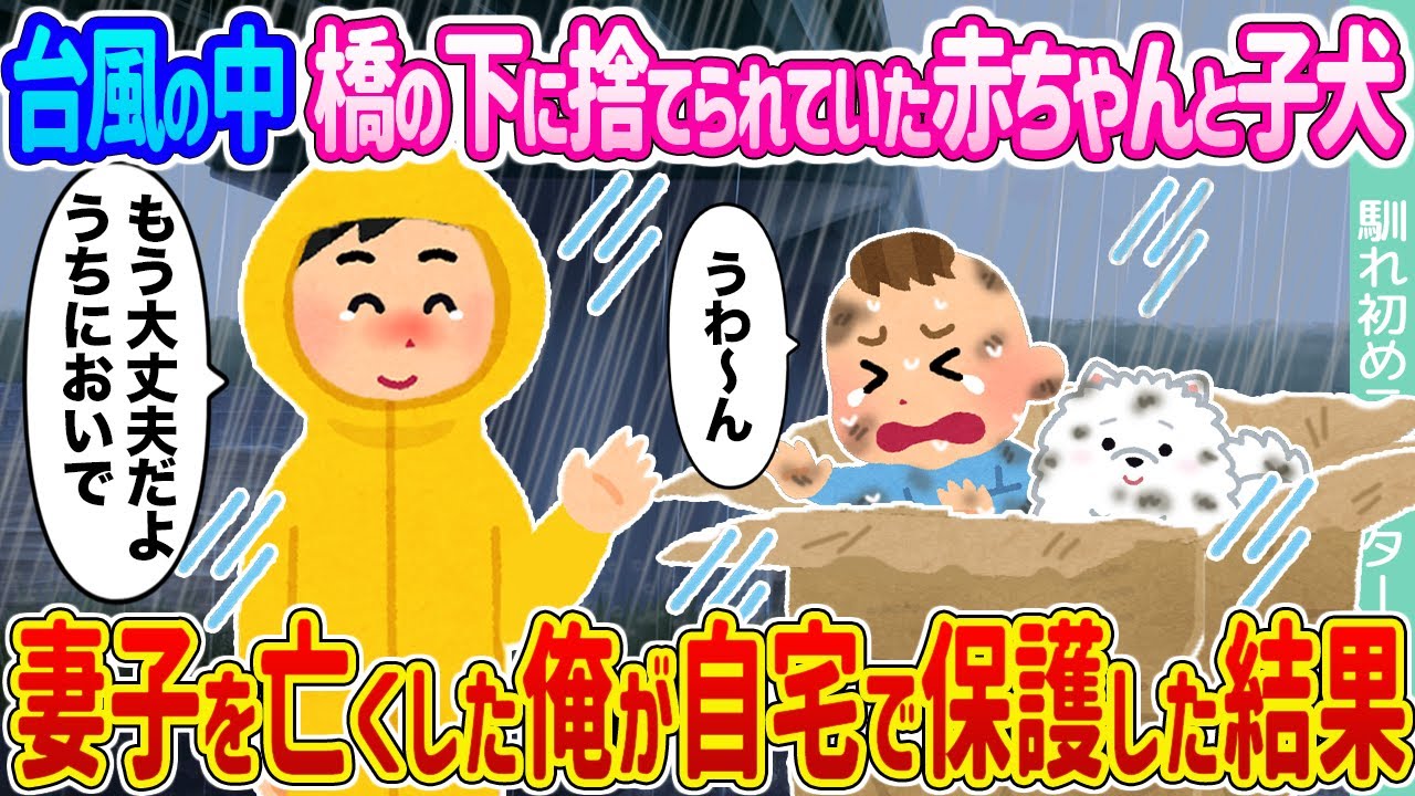 【2ch馴れ初め】台風の中橋の下に捨てられていた赤ちゃんと子犬 →妻子を亡くした俺が自宅で保護した結果 ...【ゆっくり】