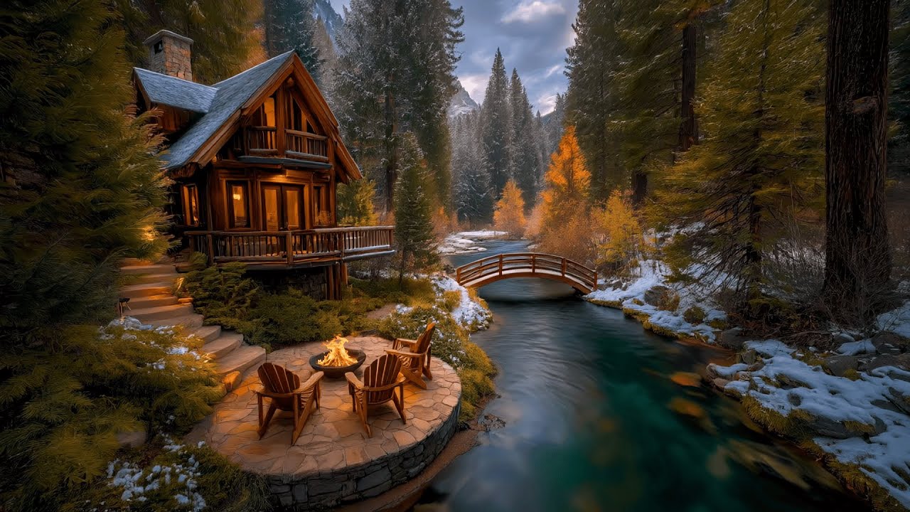 Evening Peace by the Stream | Cabin Fire & Gentle Forest Sounds