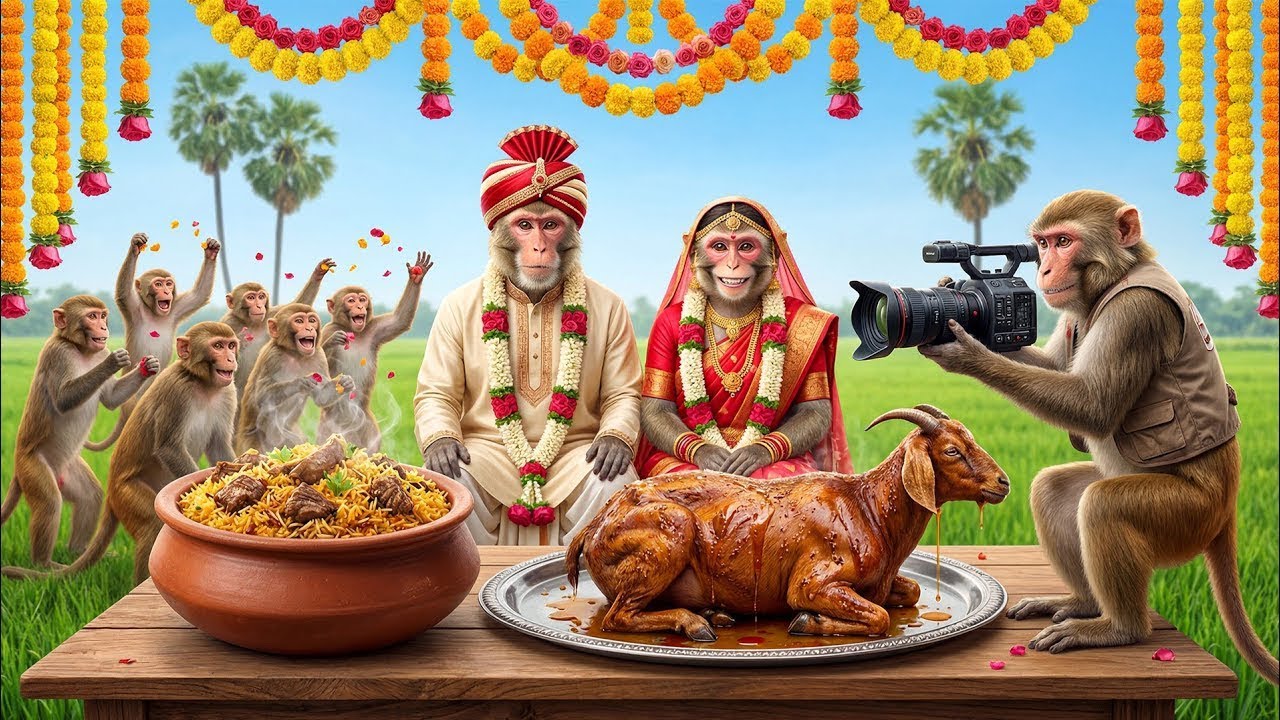 Incredible! Royal Monkey Wedding: Red Saree, Panjabi & Horse Carriage | Monkey Love Marriage