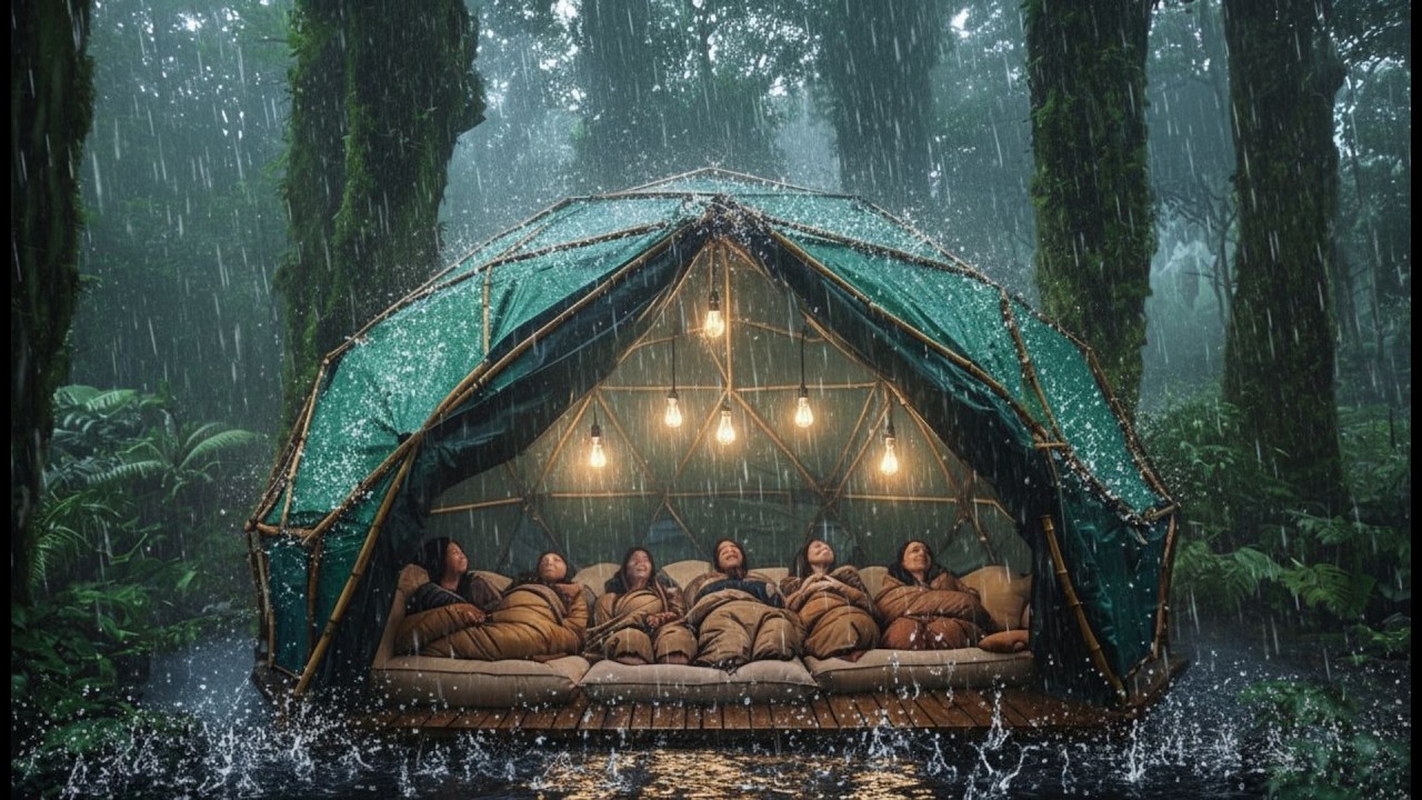 Кемпинг под проливным дождем: строим бамбуковые палатки и ловим рыбу.