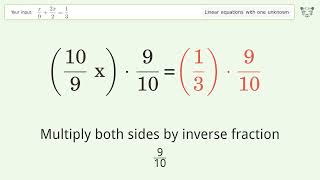 Linear equation with one unknown: Solve x/9+(2x)/2=1/3 step-by-step solution